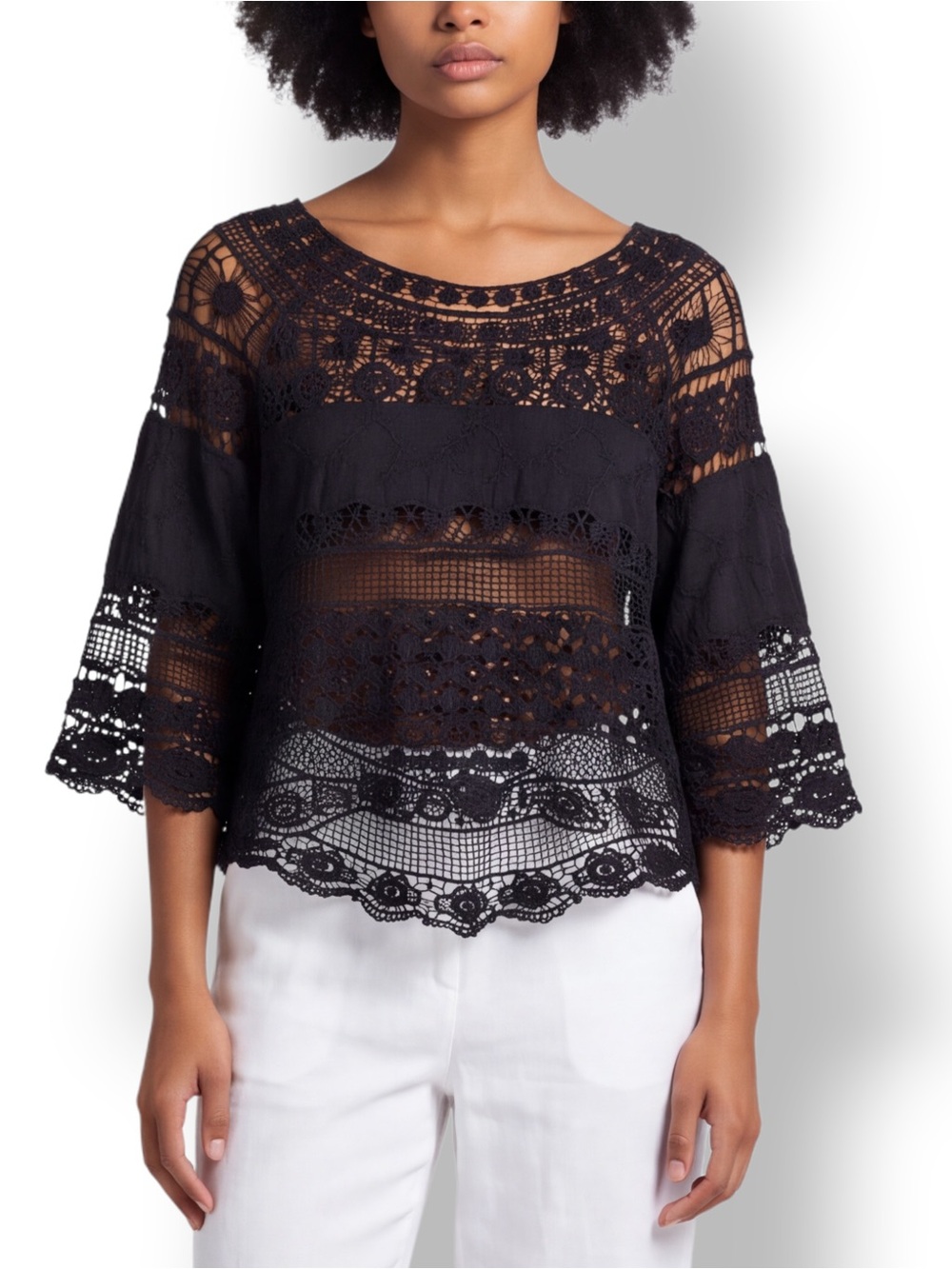 4/$20 Kontrol Large Black Crochet Lace High Low Boho Bell Sleeve Sheer Top